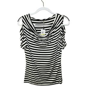 Cable & Gauge Tank Top Women's M Ivory/Black Striped Sleeveless Elastic Sides